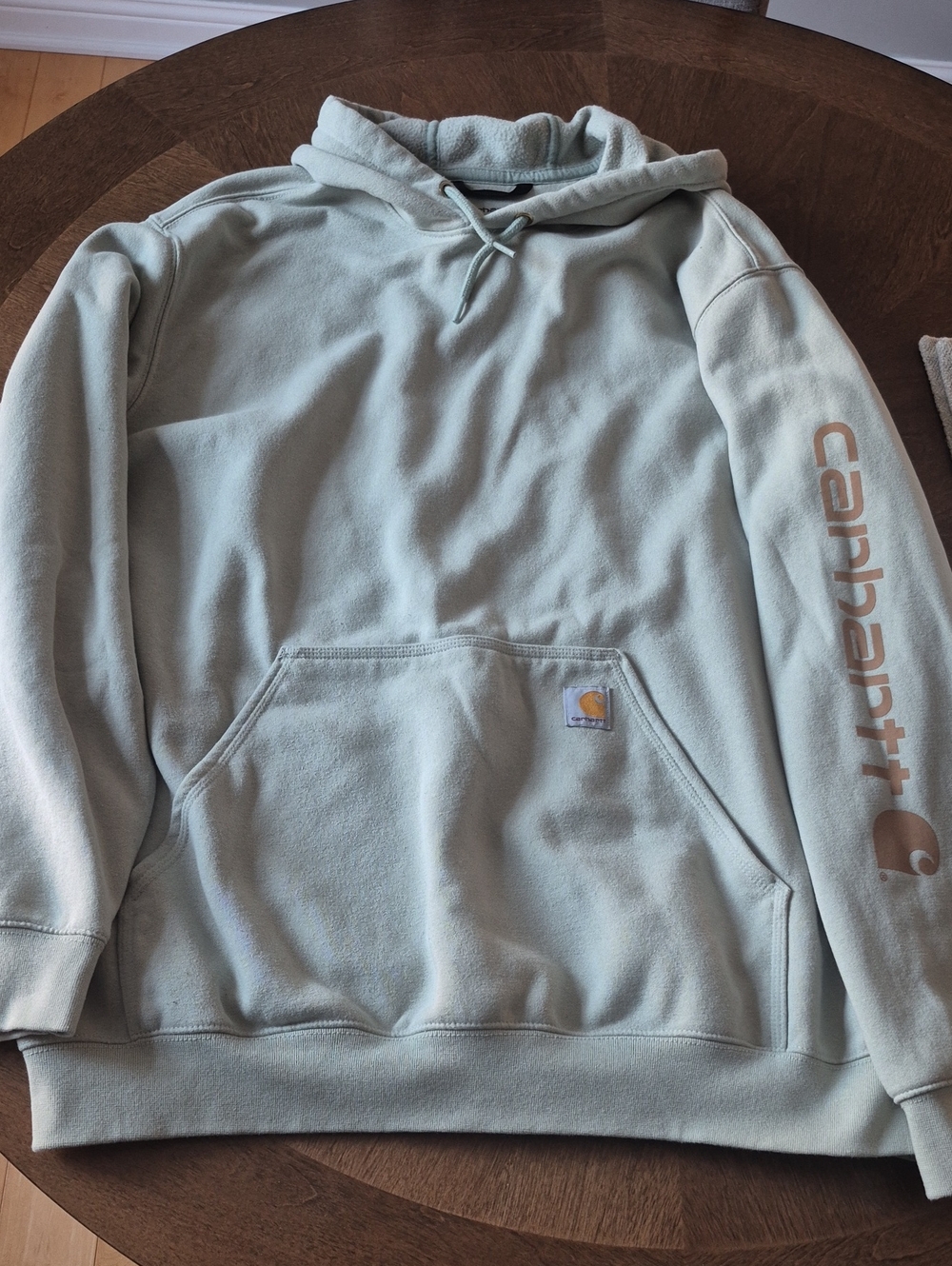 Carhartt Men’s Light Sage Green Pullover Hoodie with Logo Sleeve
